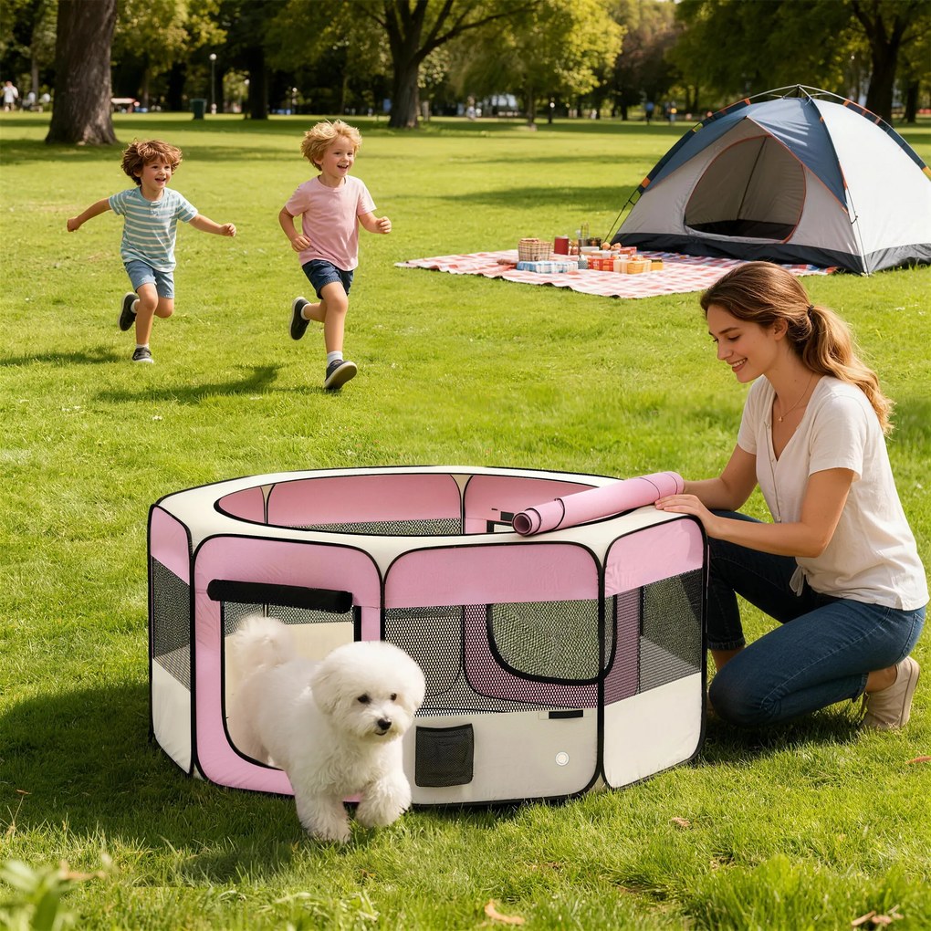 Parque Dobrável para Cães e Gatos Cercado Portátil para Animais Pequenos em Tecido Oxford Impermeável com 2 Portas Ø120x58 cm Rosa
