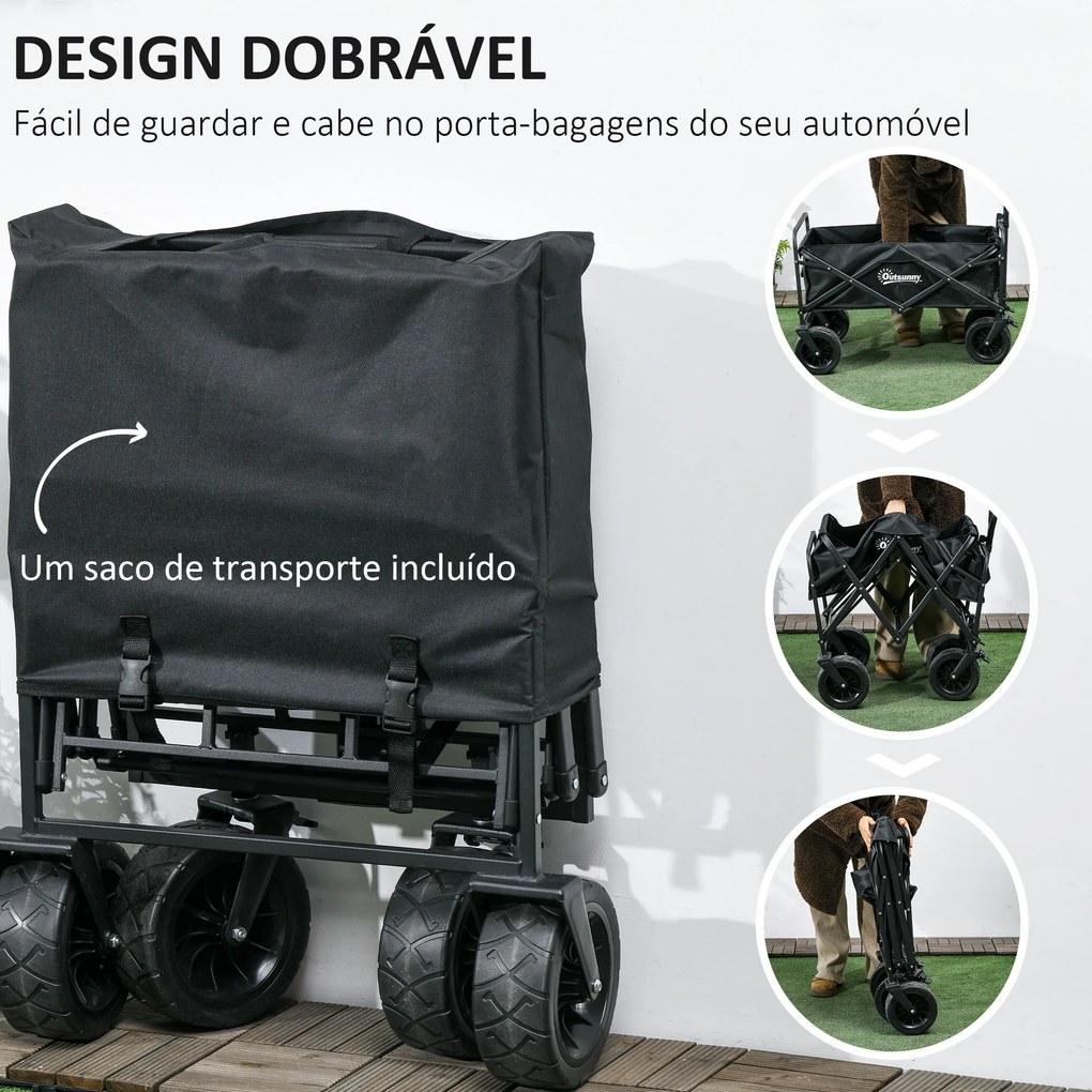 Carrinho de Transporte Dobrável com Bolsa Térmica Removível Capacidade 100 kg para Campismo Praia 113x57x77-100 cm Preto