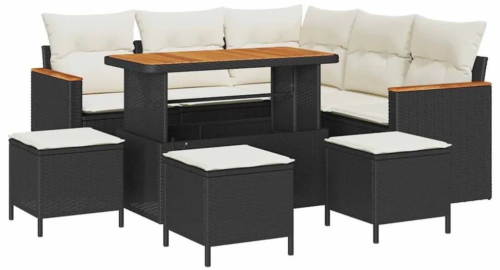 Conjunto de Sofá de Jardim 9 Peças com Almofadas Preto Rattan Poliéste