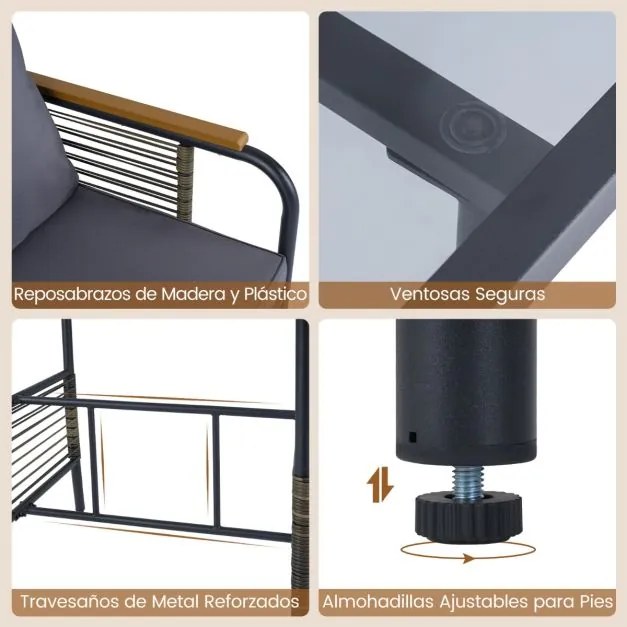 Conjunto Jardim de 3 peças de vime com almofadas, mesa retangular e cadeiras para varanda ou jardim castanho e cinza escuro