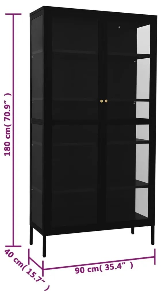 Vitrine 90x40x180 cm vidro temperado e aço preto