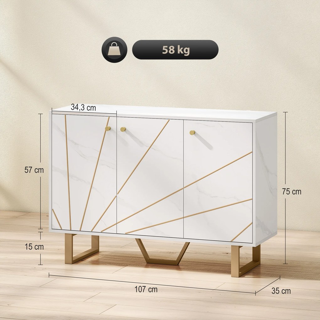 Aparador de Sala, 107 x 35 x 75 cm, Prateleiras Reguláveis, Branco