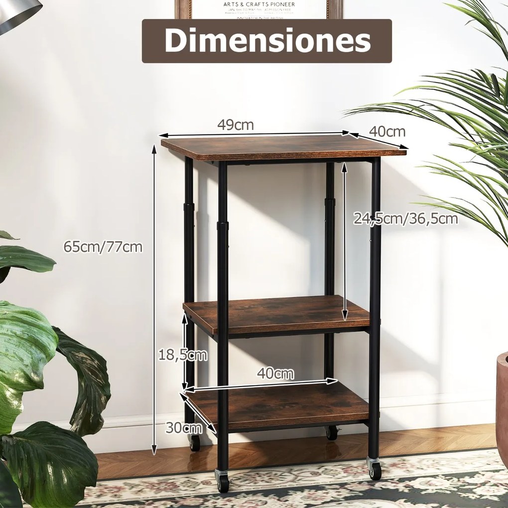 Suporte para impressora de 3 níveis 49 x 40 x 65/77 cm com 2 alturas ajustáveis Prateleiras de armazenamento Rodas universais bloqueáveis Café
