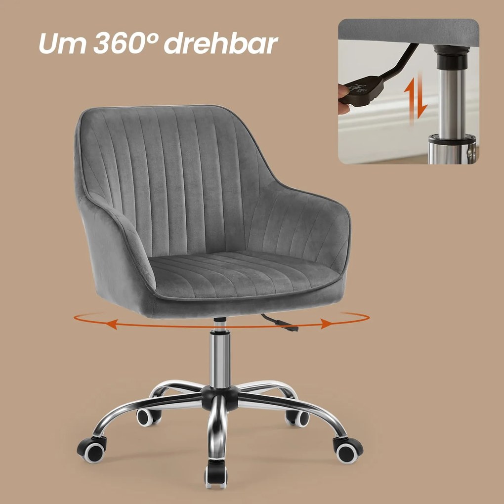 Cadeira de escritório giratória com revestimento em veludo, estofamento em espuma 64 x 62 x (80-90) cm cinza