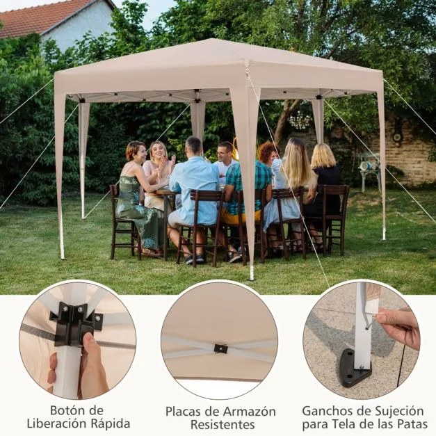 Tenda dobrável hexagonal 400 x 348 cm para exteriores com altura ajustável e pés revestidos cáqui