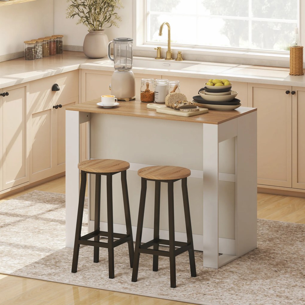 Mesa alta de cozinha 113 x 60 x 90 cm com 3 níveis e 2 compartimentos abertos, tampo com efeito de madeira natural, branca