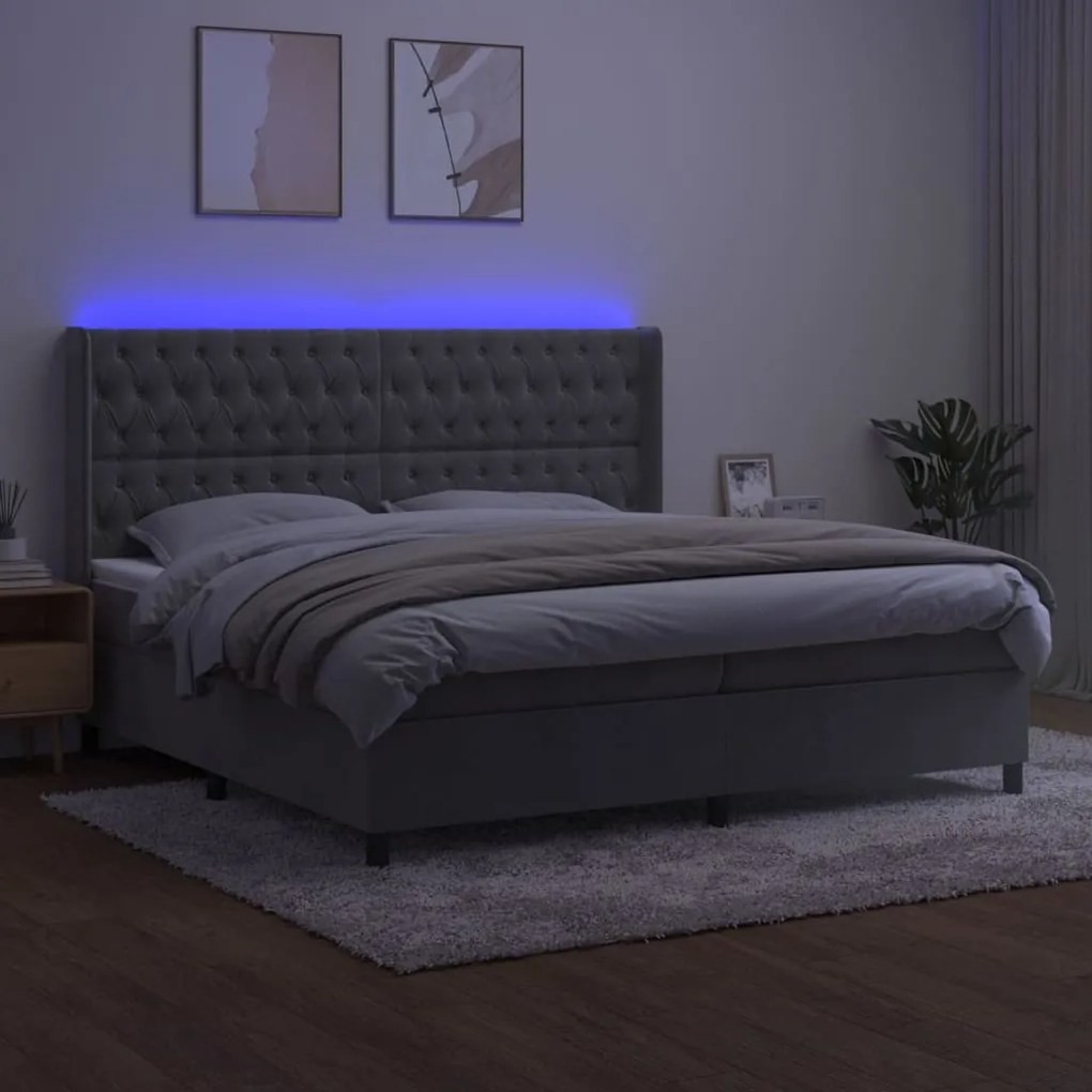 Cama box spring c/ colchão/LED 200x200 cm veludo cinzento-claro