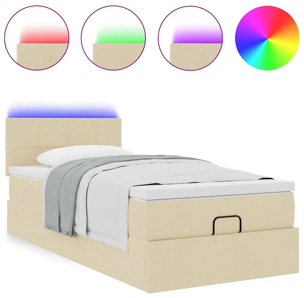 Cama Otomana com colchão &amp; LEDs 90x200 cm tecido creme