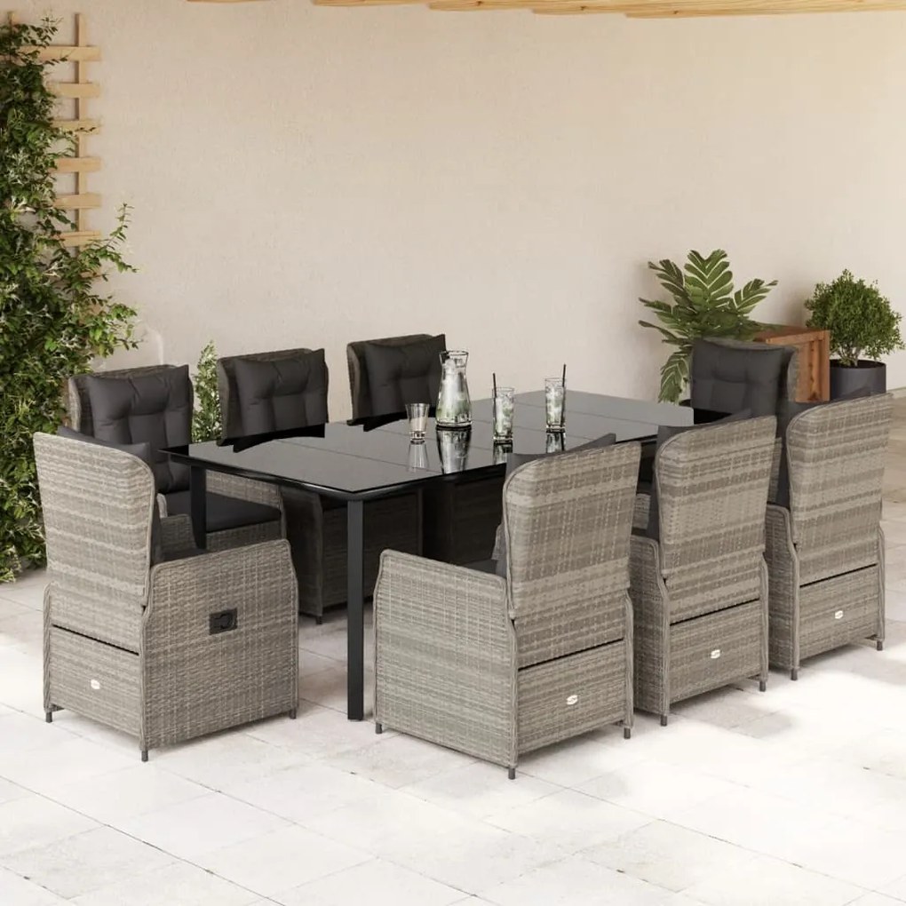 vidaXL 9 pcs conjunto de jantar p/ jardim c/ almofadões cinzento claro