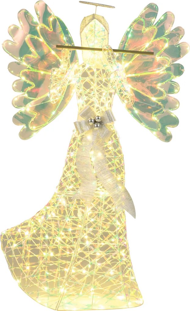 Anjo de Natal LED 158 cm com auréola e flauta pré-iluminado com 250 luzes para interior e exterior com laços branco quente