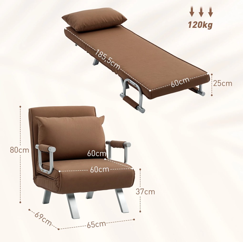 Sofá Cama Individual Sofá Cama Individual Sofá Reclinável com Almofada para Sala Quarto Carga 100 kg 65x69x80 cm Castanho