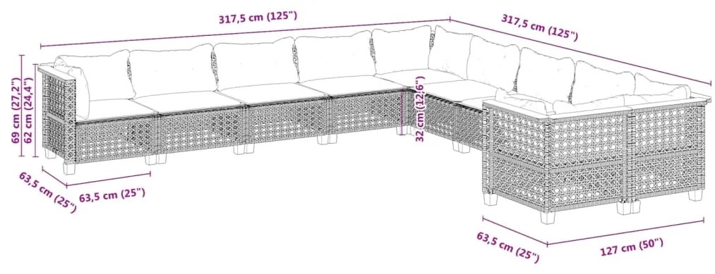 10 pcs conjunto sofás de jardim c/ almofadões vime PE cinzento