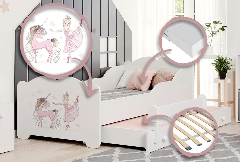 Cama dupla infantil ANNA 160x80 branca - unicórnio e princesa - colchão e estrado incluído