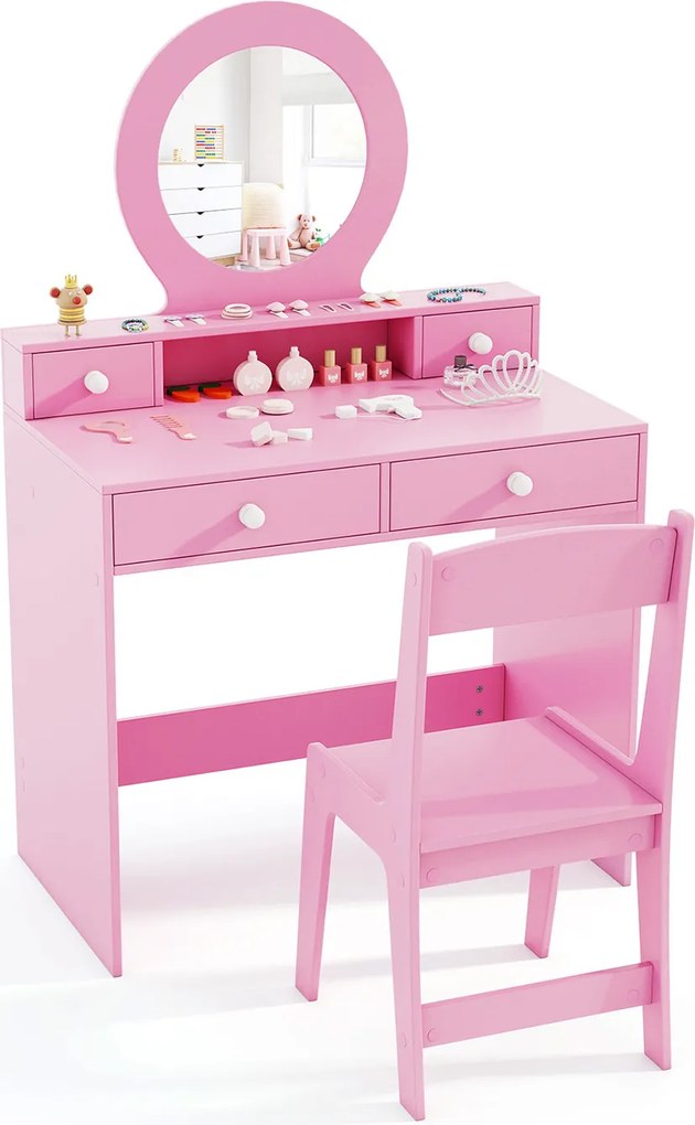 Conjunto de Toucador Infantil de Princesa com Cadeira, 70 x 40 x 110 cm, Espelho Inquebrável, Rosa