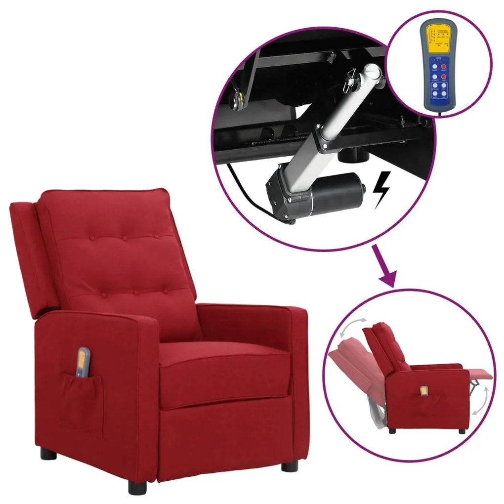 vidaXL Poltrona elevatória de massagens tecido vermelho tinto
