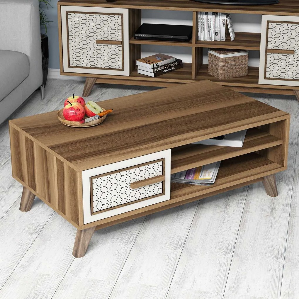Mesa de Centro Ayla – Nogueira e Creme – 105x38,2x60 cm