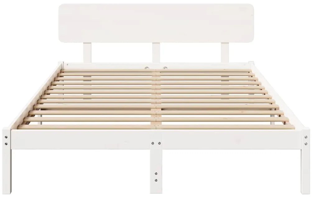 Cama com cabeceira branca, 200 x 200 cm, madeira de pinho sólido.
