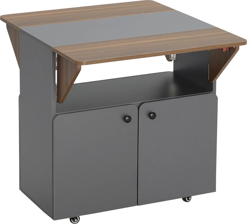 HOMCOM Mesa Dobrável Armário móvel com rodízios, duas laterais de mesa dobráveis, compartimento do armário, 4 rodízios, Cinza claro+Castanho escuro, 70 x 83 x 75cm | Aosom Portugal