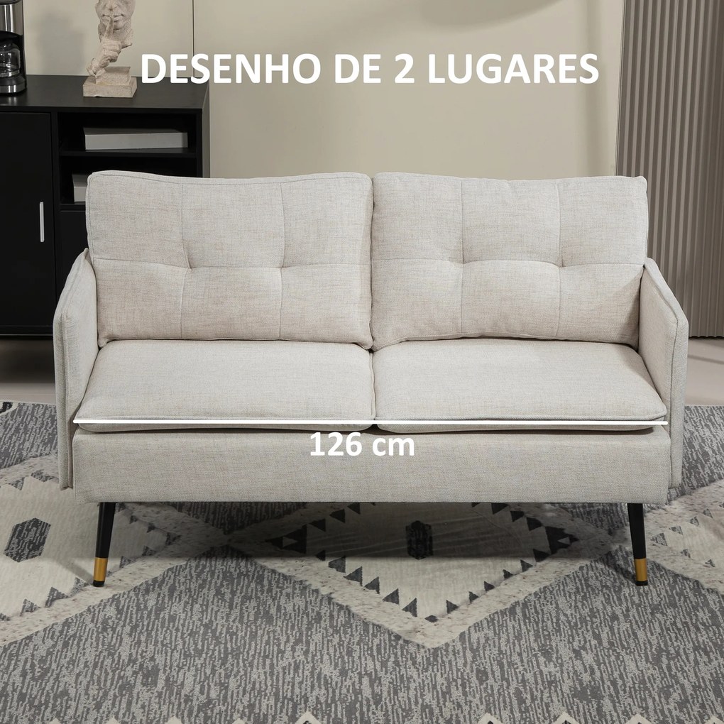 Sofá de 2 Lugares Moderno Estofado em Poliéster com 4 Almofadas Apoio para os Braços e Pés de Aço 139x68x80 cm Creme