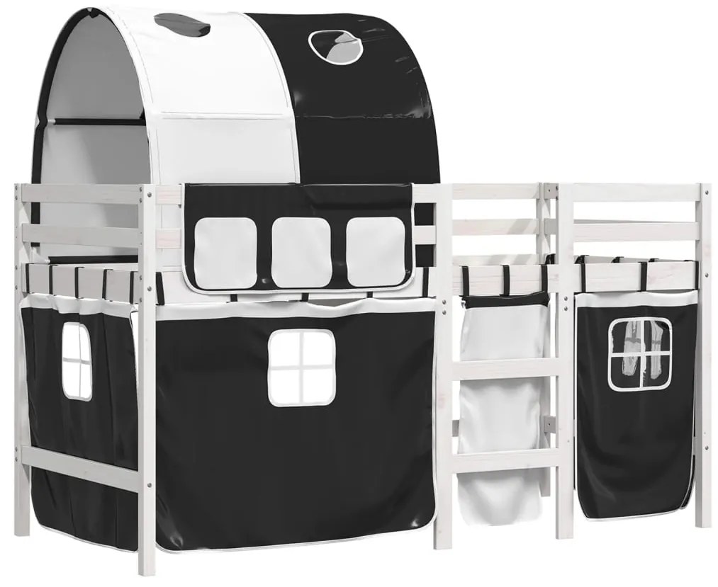 Cama alta criança c/ túnel 90x200 cm pinho maciço branco/preto