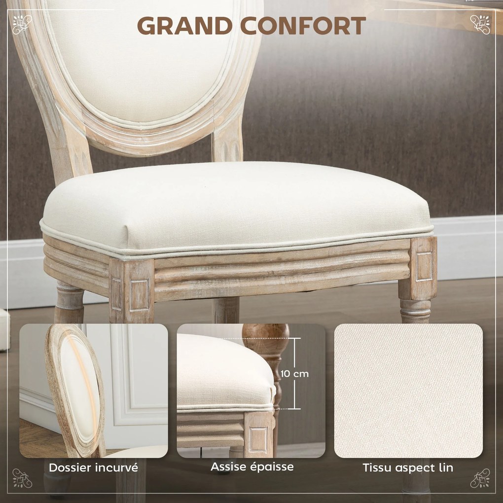 Conjunto de 2 cadeiras de sala de jantar (MESA NÃO INCLUIDA) ao estilo Luís XVI - Madeira maciça esculpida, com acabamento patinado - Aspecto de linho