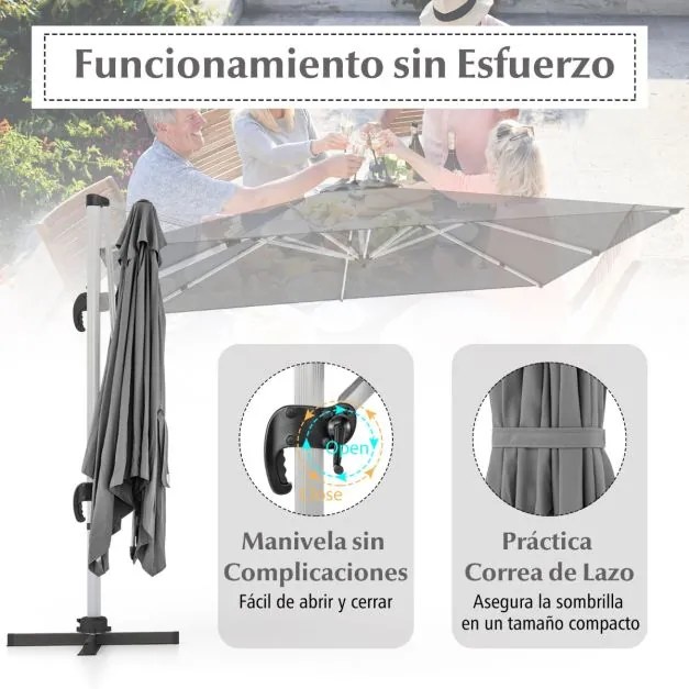 Guarda-sol quadrado de alumínio de 3 m com rotação de 360° e inclinação ajustável, resistente ao vento, para jardim, piscina, terraço Cinzento
