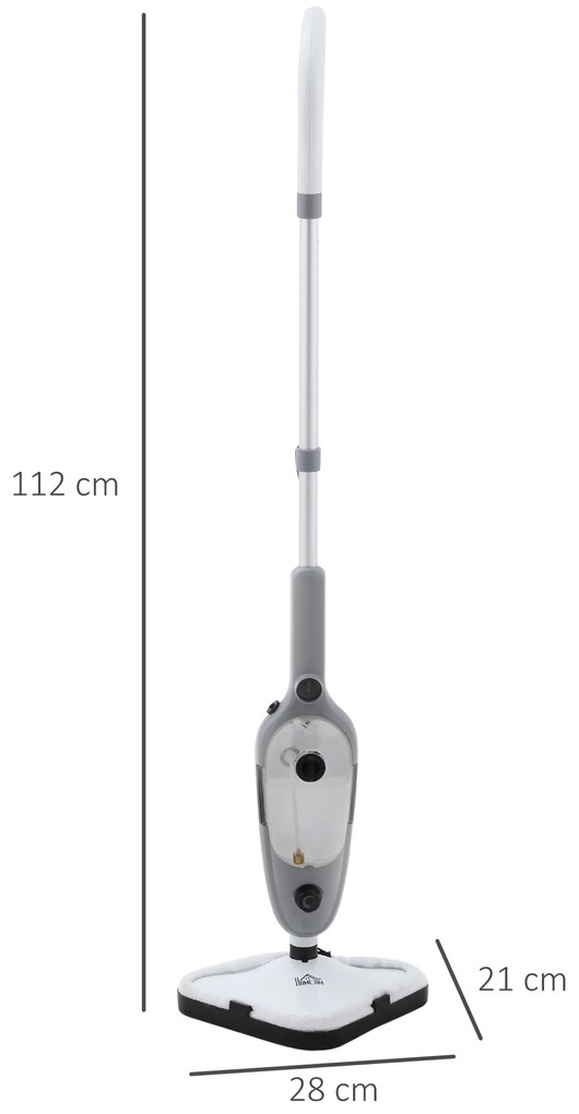 HOMCOM Mopa a Vapor 1300W Limpador a Vapor Multifuncional com Depósito de 450ml e 11 Acessórios Incluídos Aquecimento em 20-30 Segundos 28x21x112cm Cinza e Branco