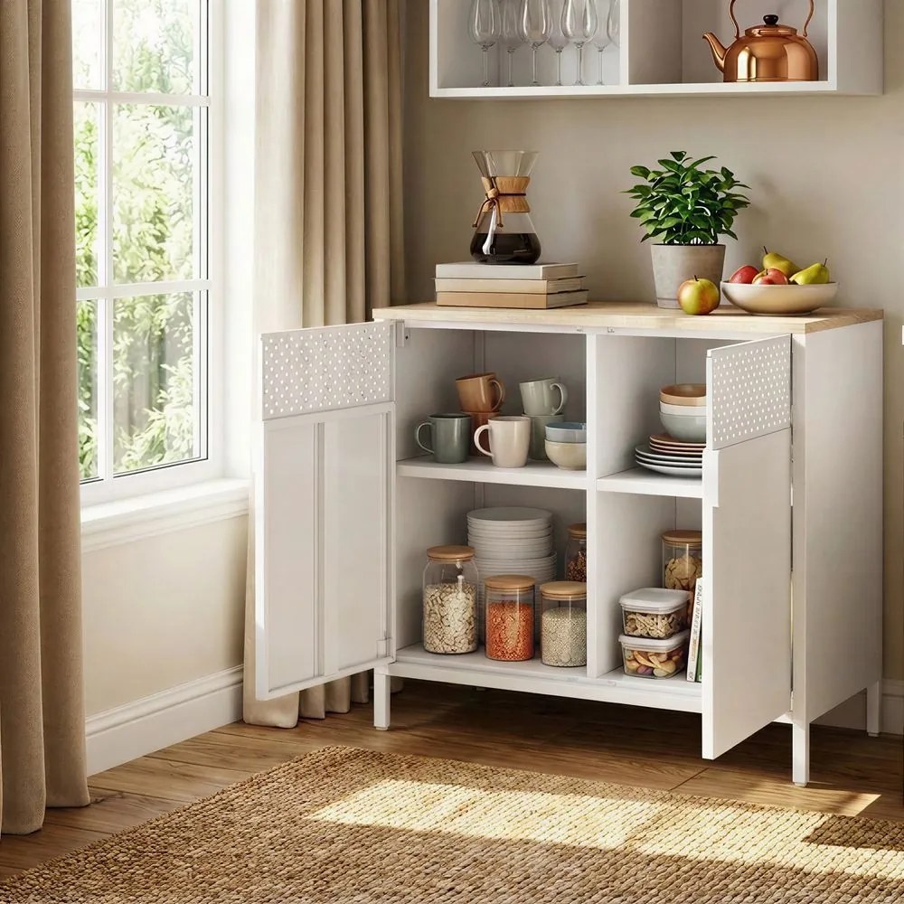 Armário de armazenamento em aço, cozinha, sala, escritorio 40 x 80 x 76 cm com orifícios bege-branco