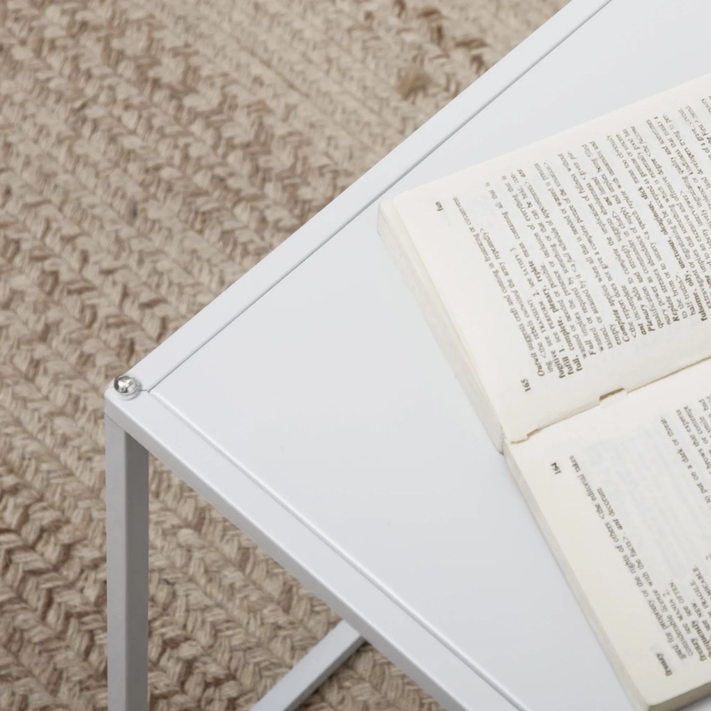 Conjunto de 2 Mesas Mesas de Centro Quadradas para Sala de Estar Estrutura de Aço Grande 40 cm Pequena 35 cm Branco