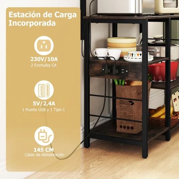 Armário Cozinha de 5 níveis com estação de carregamento, luzes LED RGB e controle remoto para cozinha 90 x 40,5 x 147 cm castanho