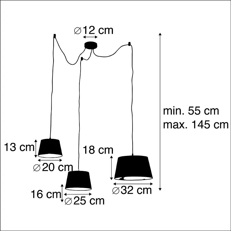 Candeeiro de suspensão com 3 cúpulas de algodão preto e dourado - Cava Clássico / Antigo