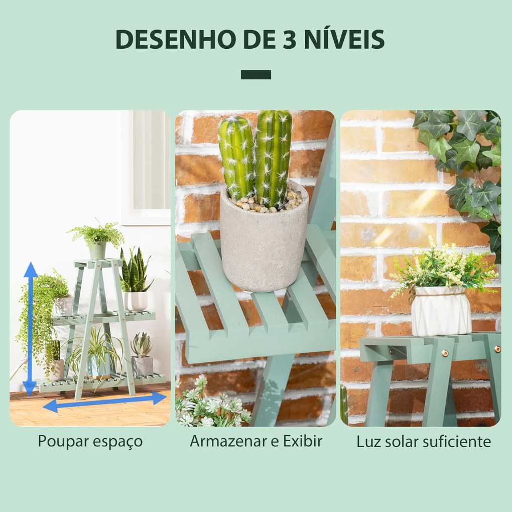 Outsunny Suporte de Madeira para Plantas Suporte para Flores de 3 Níveis Prateleira Decorativa de Plantas para Interior Exterior 46x26x76cm Verde