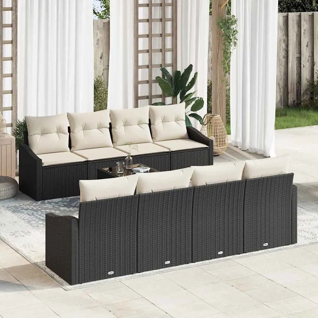 Conjunto de Sofá de Jardim de 9 Peças com Almofadas Preto Vime Poliést