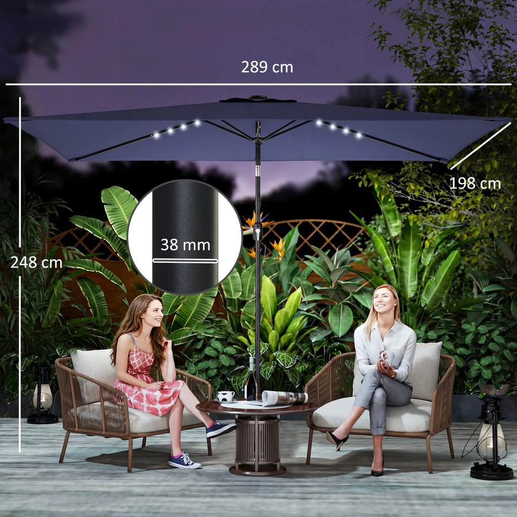 Guarda sol duplo Jardim com 24 Luzes LED Solares Cobertura Inclinável Poste Metálico 29x25 m Azul Escuro