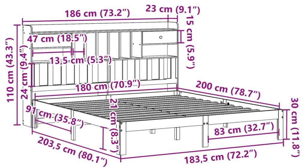 Cama com estante sem colchão 180x200 cm pinho maciço