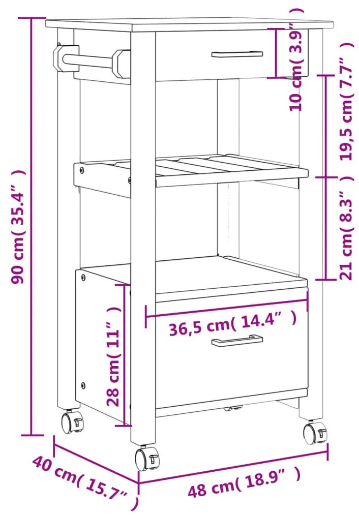 Carrinho de cozinha MONZA 48x40x90 cm madeira de pinho maciça