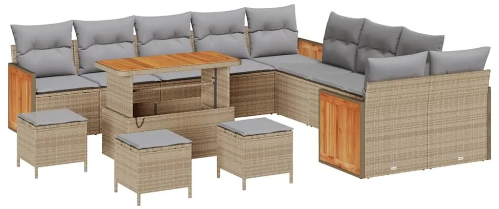Conjunto de Sofás de Jardim de 14 Peças com Almofadas Bege Rattan Acác