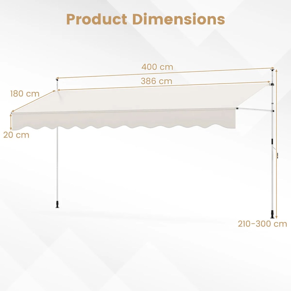 Toldo retrátil manual 4 m x 180 cm Sombra exterior ajustável sem perfuração com manivela para pátio, varanda, jardim Branco