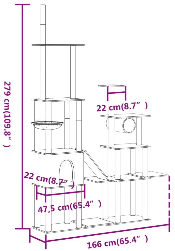 Árvore p/ gatos c/ postes arranhadores sisal 279 cm cor creme