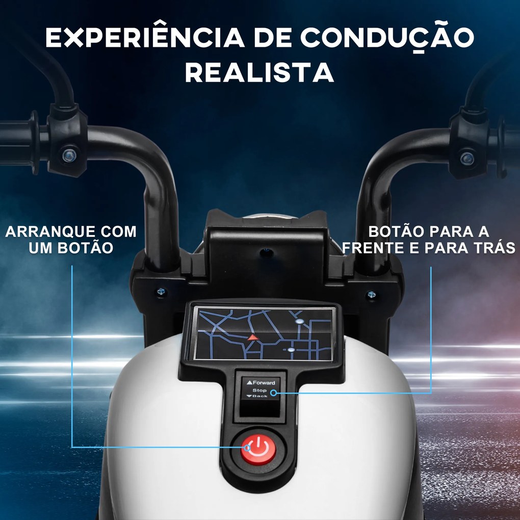 Motocicleta Elétrica para Crianças de 18-36 Meses com Bateria 6V Farol e Rodas Auxiliares Removíveis 76x42x57 cm Branca