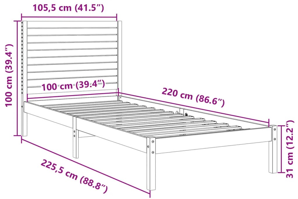 Cama extra longa sem colchão 100x220 cm madeira maciça