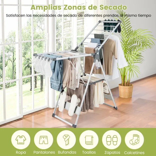 Estendal de roupa duplo de alumínio de 5 camadas com altura ajustável, 21 rodas de secagem, 10 clipes laterais e 4 porta-sapatos Prata e Cinza