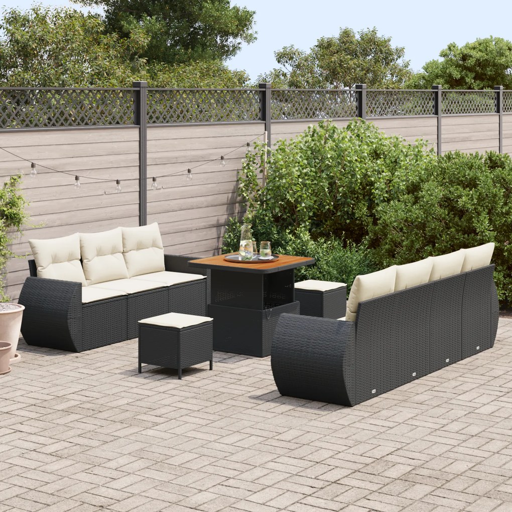 Conjunto de Sofá de Jardim de 10 Peças com Almofadas Polyrattan Preto,
