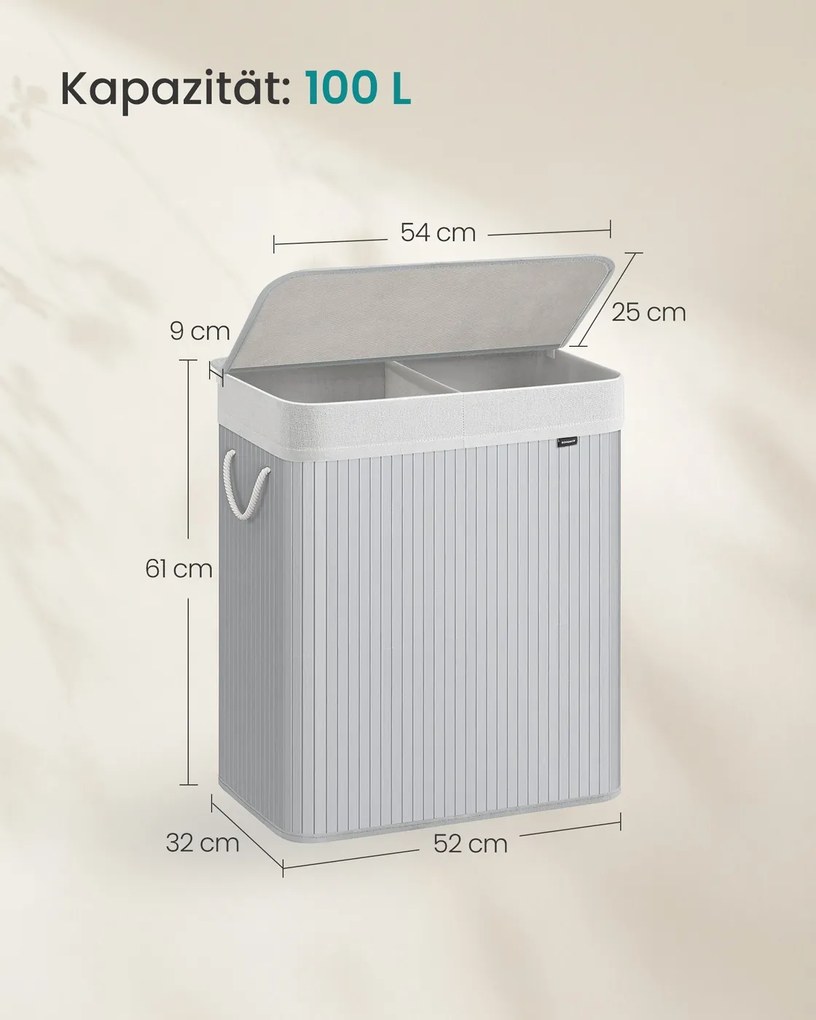 Cesto da roupa suja com 2 compartimentos, 100 L, com tampa, saco de bambu cinzento