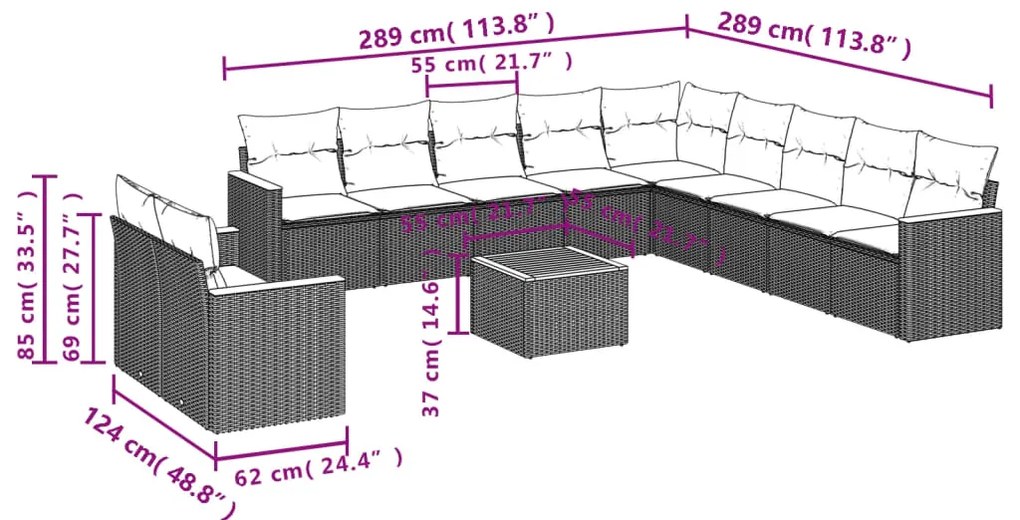 12 pcs conjunto de sofás jardim c/ almofadões vime PE cinzento