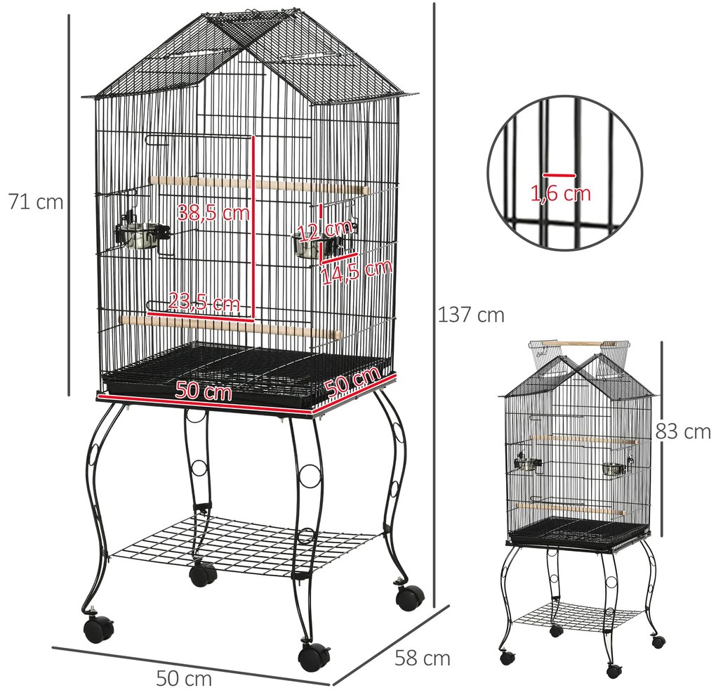 PawHut Gaiola para Pássaros com Suporte Rodas Bandeja Amovível 2 Comed