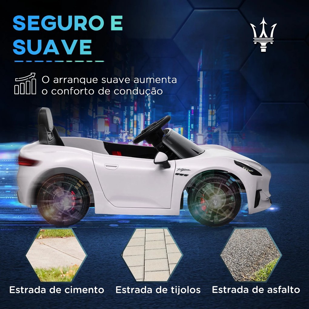 Carro Elétrico para Crianças Maserati Gran Turismo Folgore 12V Controlo Remoto Faróis Buzina e Música MP3 98x59x43 cm Branco