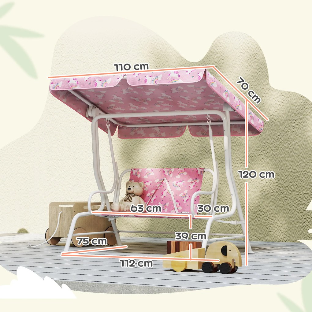 Baloiço de Jardim Exterior Infantil de 2 Lugares com Toldo Ajustável, Cintos de Segurança e Design de Unicórnio e Arco-Íris Rosa