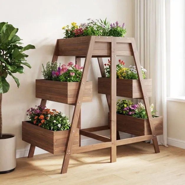 Floreira de jardim elevada de vários níveis em madeira com base de ripas e forro preto para interior e exterior castanho