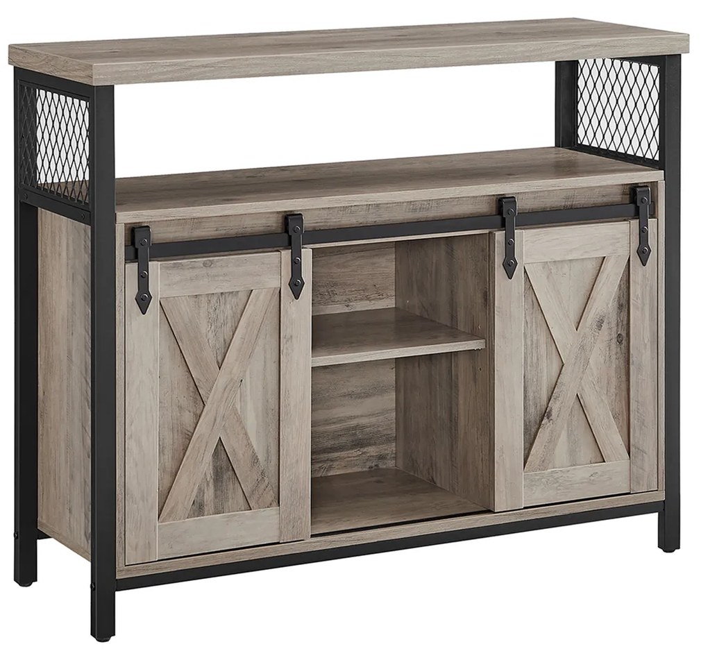 Aparador VASAGLE, Armário de Cozinha, Armário de Armazenamento com 2 Portas de Correr, 33 x 100 x 80 cm, Prateleiras Ajustáveis, Estilo Country, para Sala de Estar, Cinza Preto LSC092B02